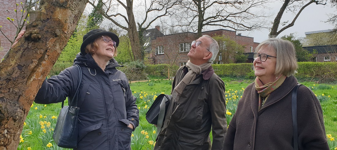 Gabriele Schabbel-Mader (ehemalige Präsidentin der Gartengesellschaft), John Helmbock (aktives Mitglied) und Karin Geese (Zweigsprecherin Hamburg) am letzten, verbliebenen Kirschbaum im Alma de l'Aigle Garten © GartenRadio.fm